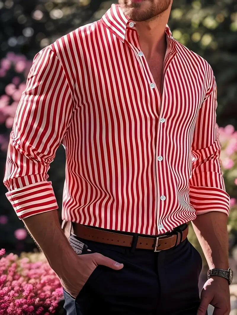 Ins Stripe Printed Long Sleeve Shirt Men Fashion Casual Lapel Button Top Clothing - Lumina shop
