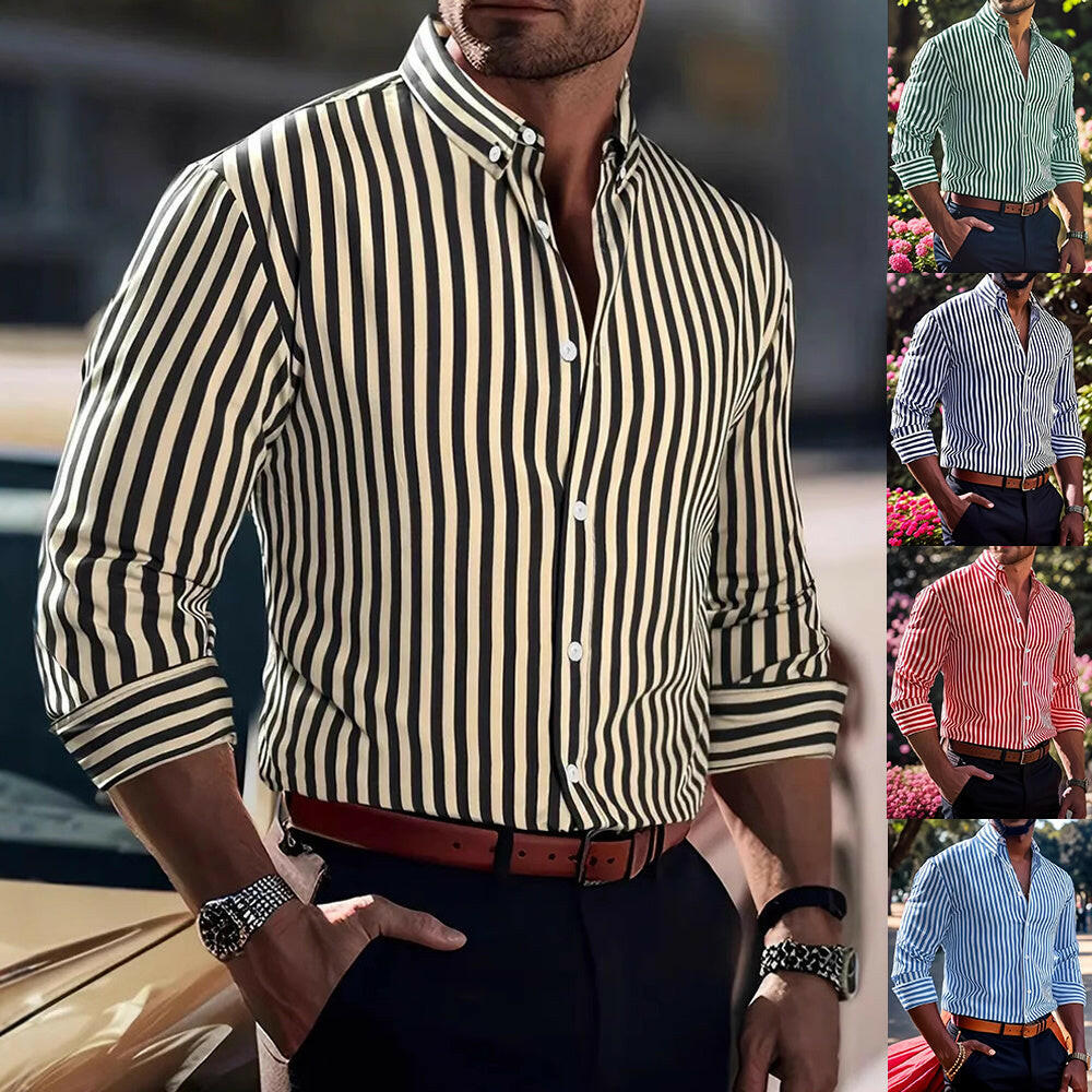 Ins Stripe Printed Long Sleeve Shirt Men Fashion Casual Lapel Button Top Clothing - Lumina shop