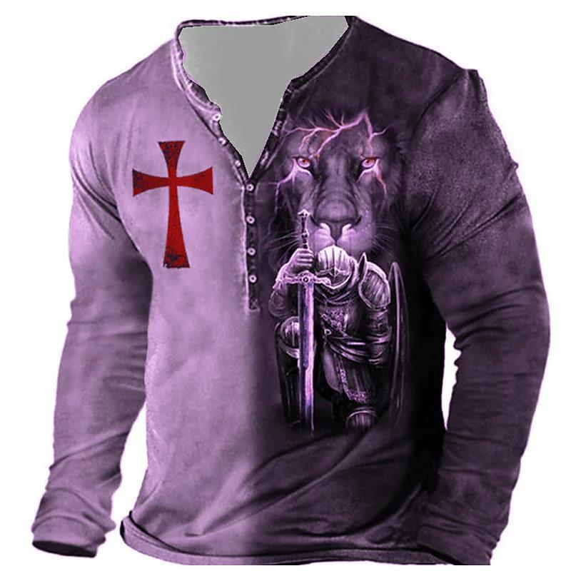 Open Placket Button Digital Printing Men's Long-sleeved T-shirt - Lumina shop