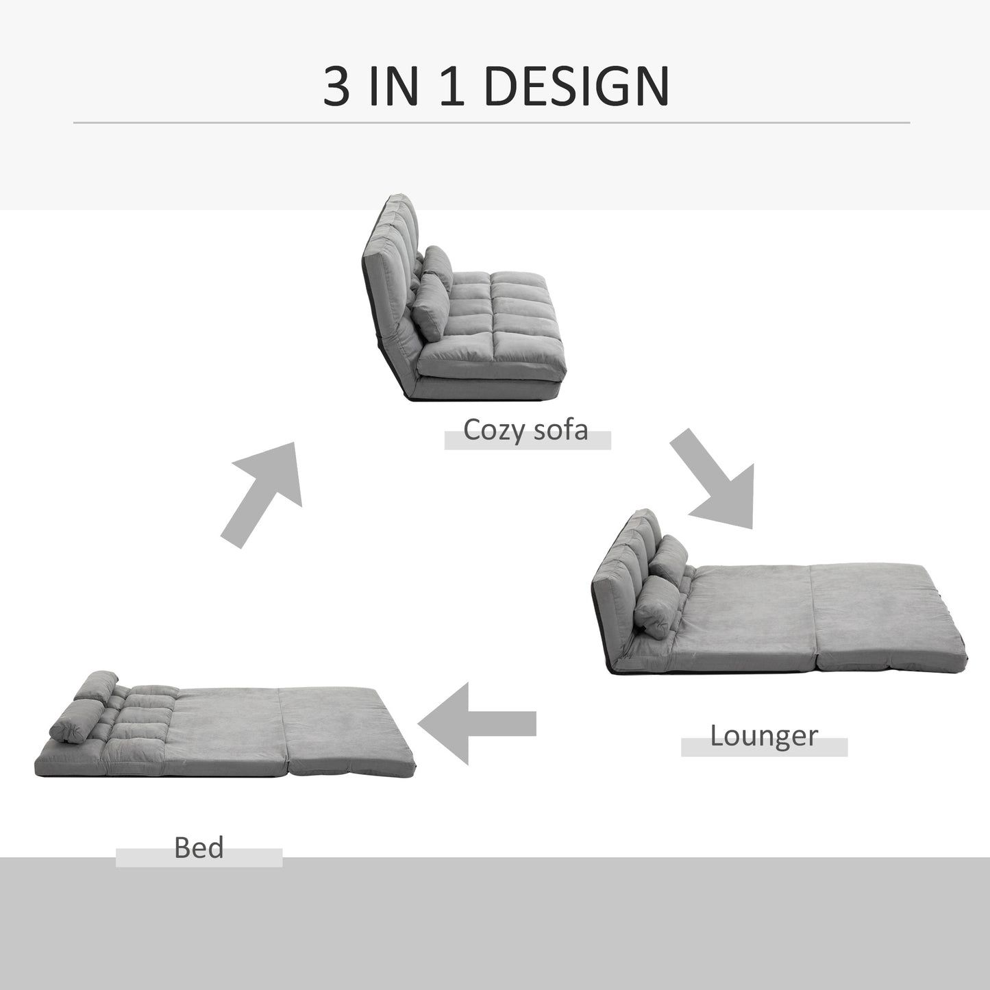 Folding Upholstered Couch Bed Gray Convertible Floor Sofa Chair Metal Frame Pillows - Lumina shop