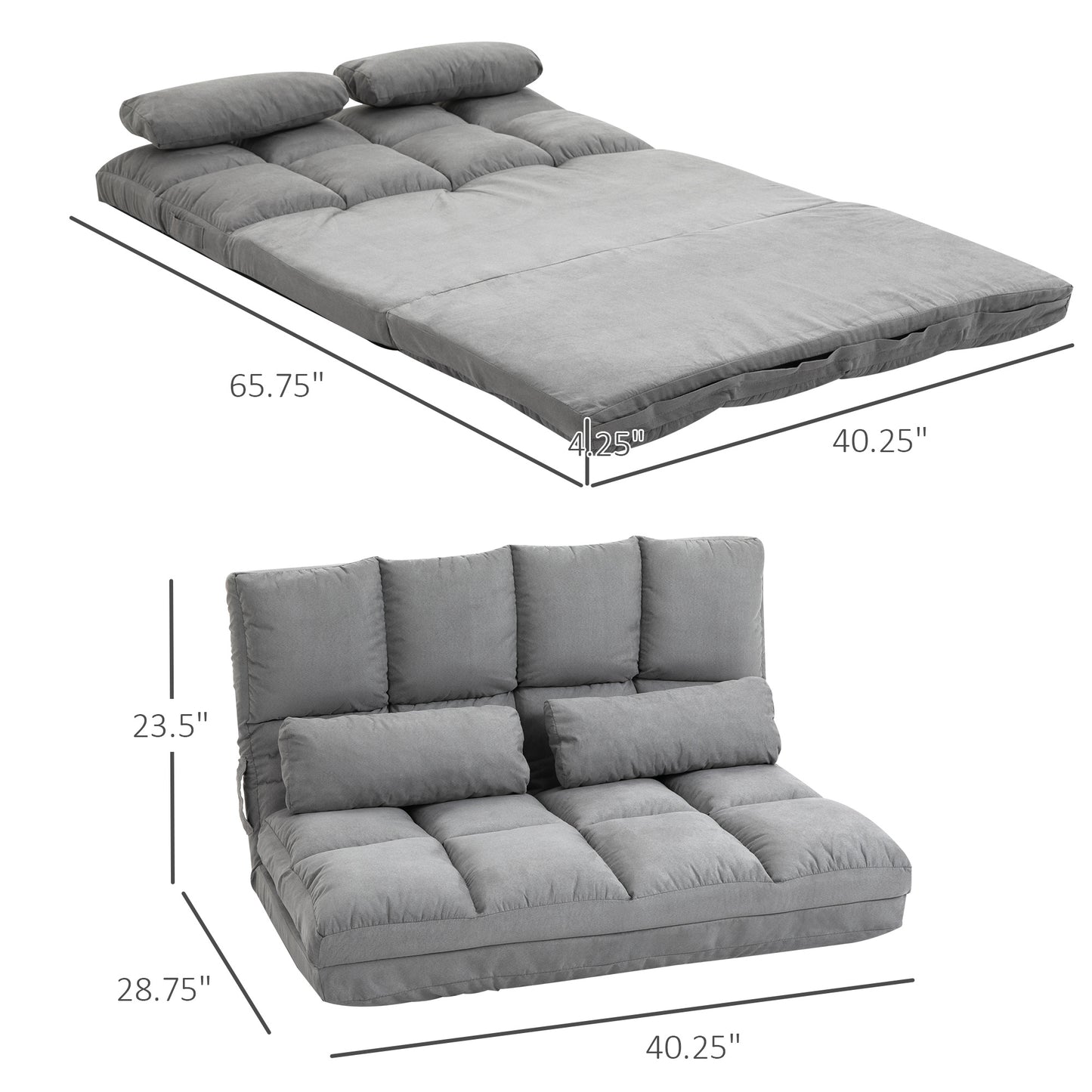 Folding Upholstered Couch Bed Gray Convertible Floor Sofa Chair Metal Frame Pillows - Lumina shop