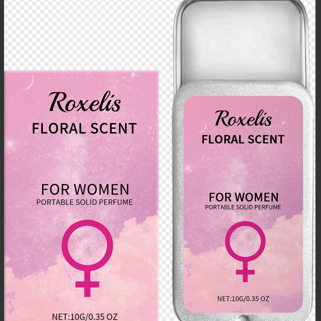 Roxelis Floral Scent portable solid perfume packaging with pink label and silver tin.