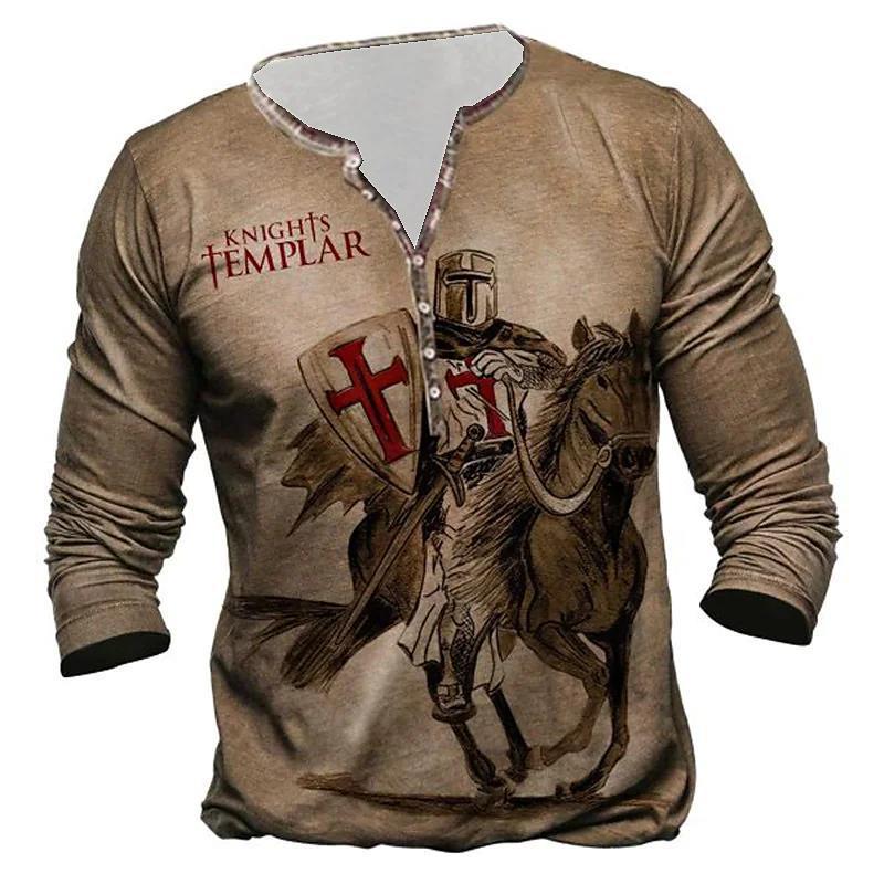 Open Placket Button Digital Printing Men's Long-sleeved T-shirt - Lumina shop