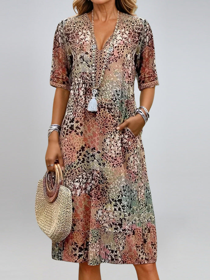 Summer V-neck Half-sleeved Dress With Pockets Fashion Ethnic Print Dresses Beach Holiday Clothing For Women - Lumina shop