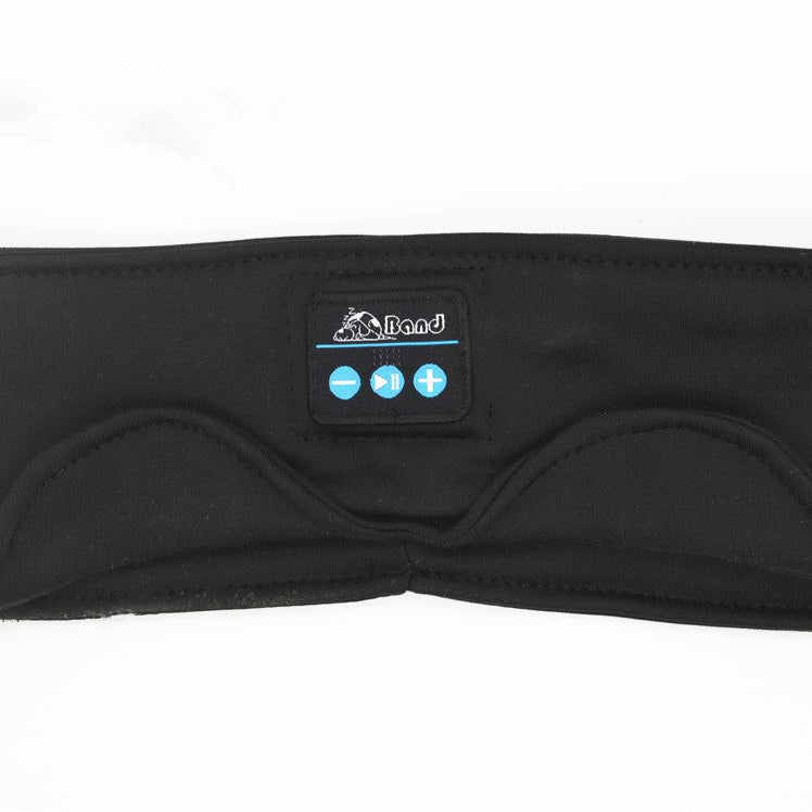 Black headband with Bluetooth control panel on a white background