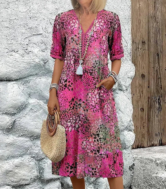 Summer V-neck Half-sleeved Dress With Pockets Fashion Ethnic Print Dresses Beach Holiday Clothing For Women - Lumina shop