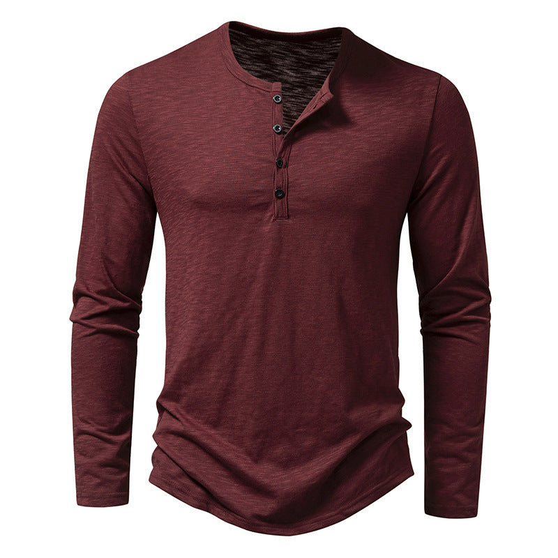 Men's Long-sleeved T-shirt Fashion Casual Solid Color Pullover Button Top Autumn And Spring Clothing - My Store