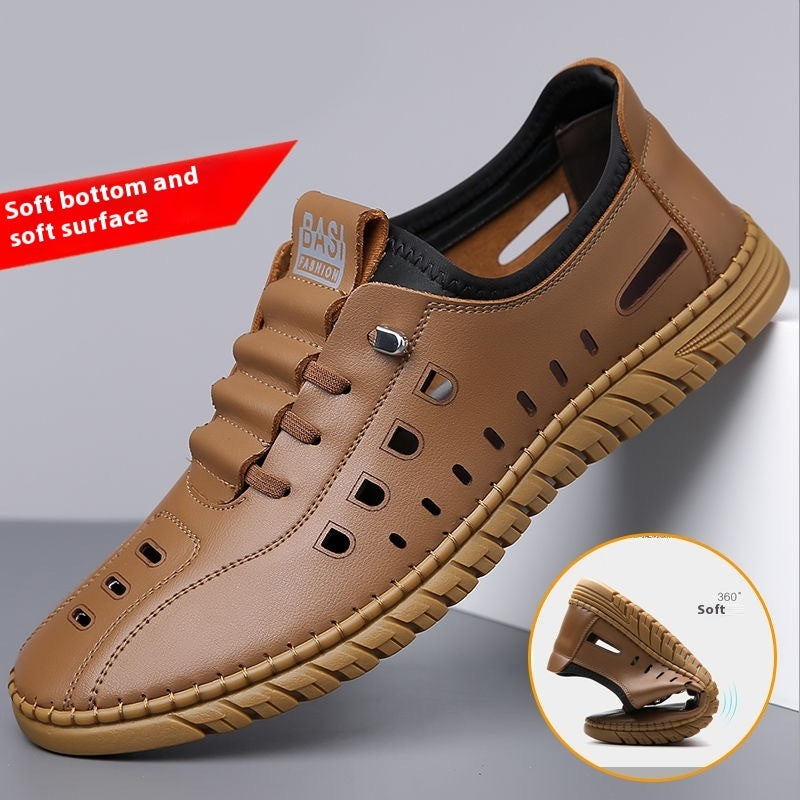 Hollow Breathable White Shoes Hole Shoes Soft Bottom Men Slip-on Leather Sandals - Lumina shop