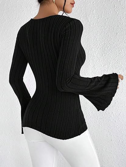 Women's Ribbed V-neck T-shirt - Autumn and Winter Flared Slim-fit Long Sleeve Top - My Store
