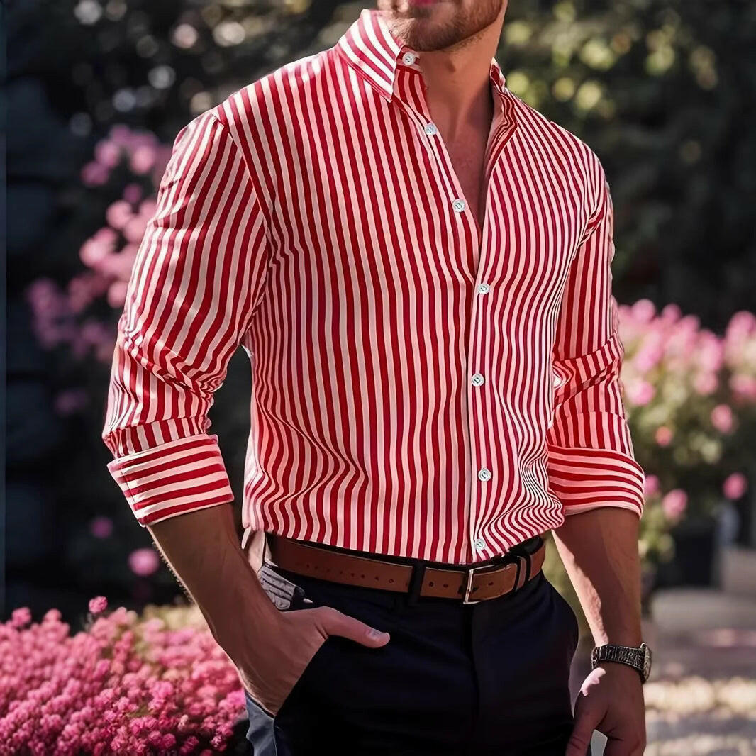 Ins Stripe Printed Long Sleeve Shirt Men Fashion Casual Lapel Button Top Clothing - Lumina shop