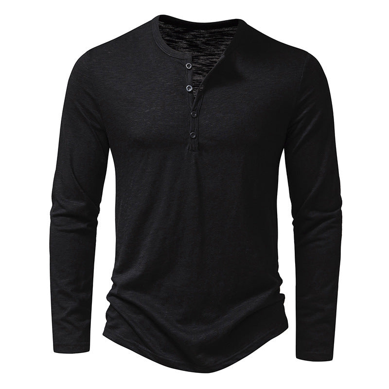 Men's Long-sleeved T-shirt Fashion Casual Solid Color Pullover Button Top Autumn And Spring Clothing - My Store
