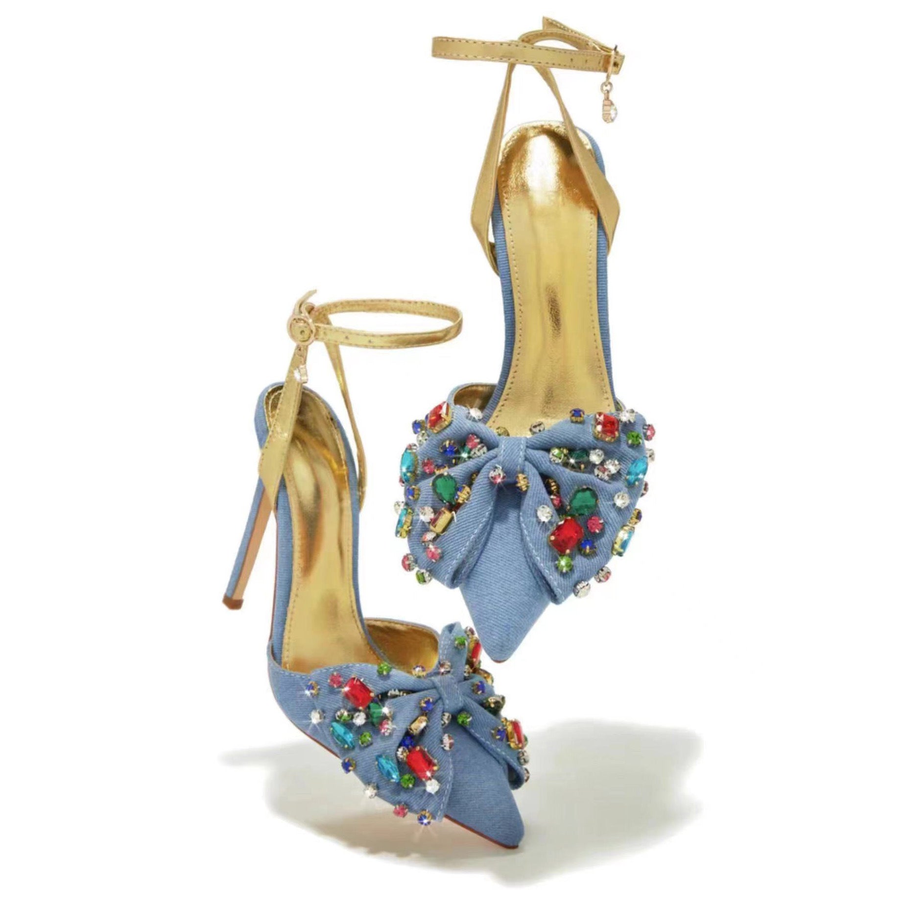 Bow Rhinestone Pointed Toe Closed Toe High Heel Plus Size Sandals - Lumina shop