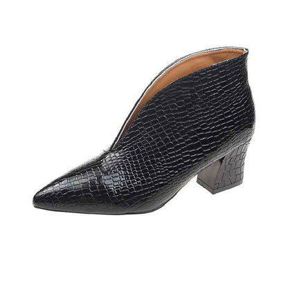 V Cut Women's Fashion Pointed Embossed Chunky Heel Martin Boots