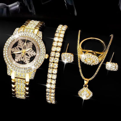Snowflake Pattern Watch Luxury Full Rhinestone Jewelry Five-piece Set - Lumina shop