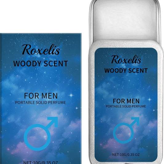 Roxelis Woody Scent portable solid perfume packaging for men on a white background