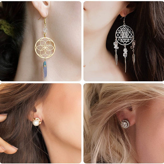 Four different earrings worn by models with various designs.