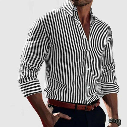 Ins Stripe Printed Long Sleeve Shirt Men Fashion Casual Lapel Button Top Clothing - Lumina shop