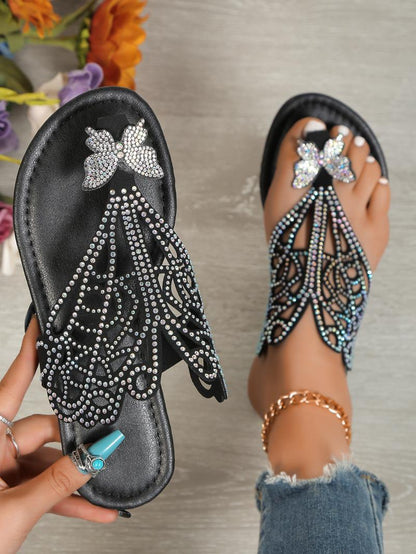 Slip-On Rhinestone Sandals with Hollow Flat Heel and Flip-Toe Design for Women - My Store