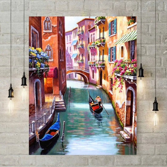 Painting of a canal scene with gondolas and colorful buildings on a stone wall.