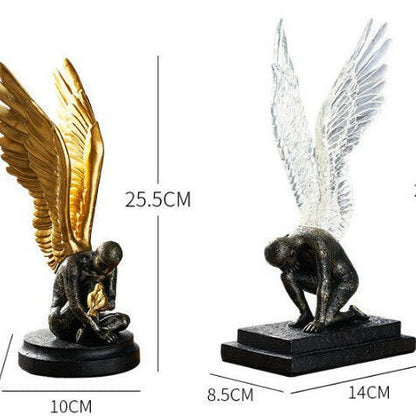 Two angel figurines with gold and silver wings, shown with measurements on a white background.
