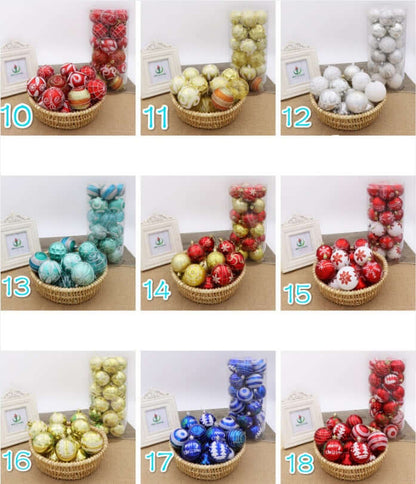 6cm Christmas tree decorations in various colors and designs displayed in baskets for festive holiday decor.