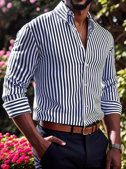 Ins Stripe Printed Long Sleeve Shirt Men Fashion Casual Lapel Button Top Clothing - Lumina shop