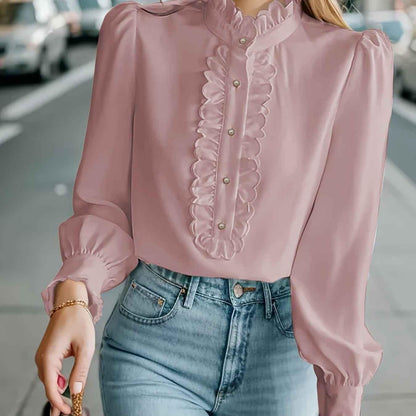 Fashionable Stand-up Collar Long-sleeved Shirt With Lotus Leaf Hem