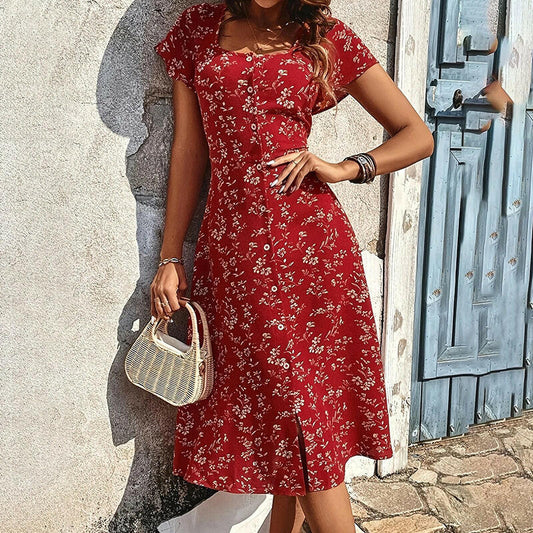 Summer Floral Print Maxi Dress Women Button Up Split Long Flowy Bohemian Beach Party Dresses - Lumina shop