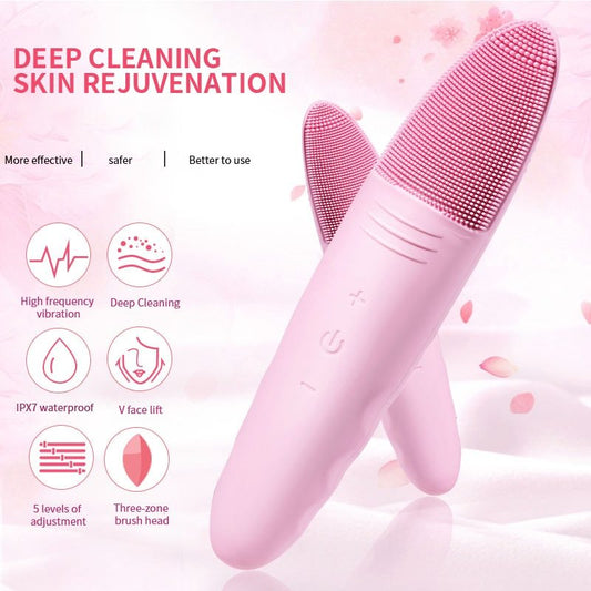 Pink skin care device with text on a pink background