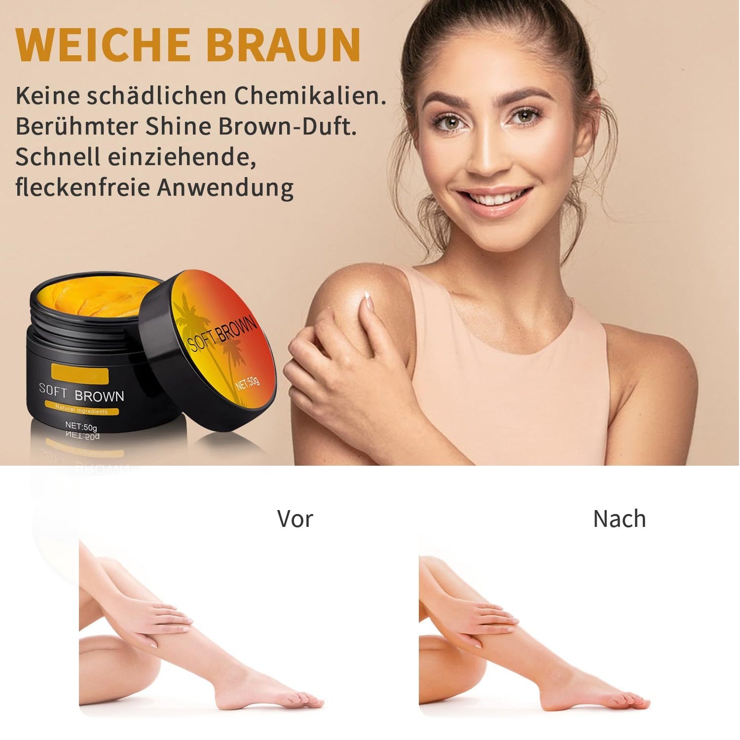 Woman applying cream to her arm with a jar of 'Soft Brown' cream on a beige background.