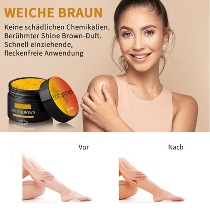 Woman applying cream to her arm with a jar of 'Soft Brown' cream on a beige background.