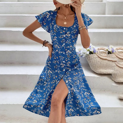Women’s Summer Floral Print Maxi Dress – Button Up Split Long Bohemian Beach Party Dress | Luminashop