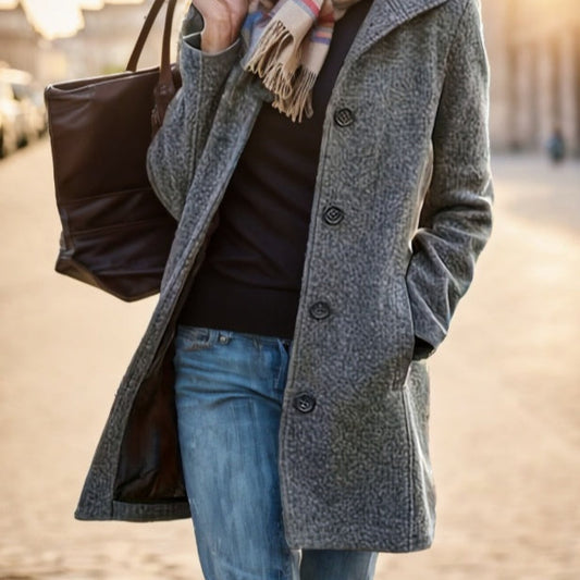 Women's Casual Tweed Coat - Solid Color Mid-Length H-Silhouette Button Front Long Sleeve - Lumina shop