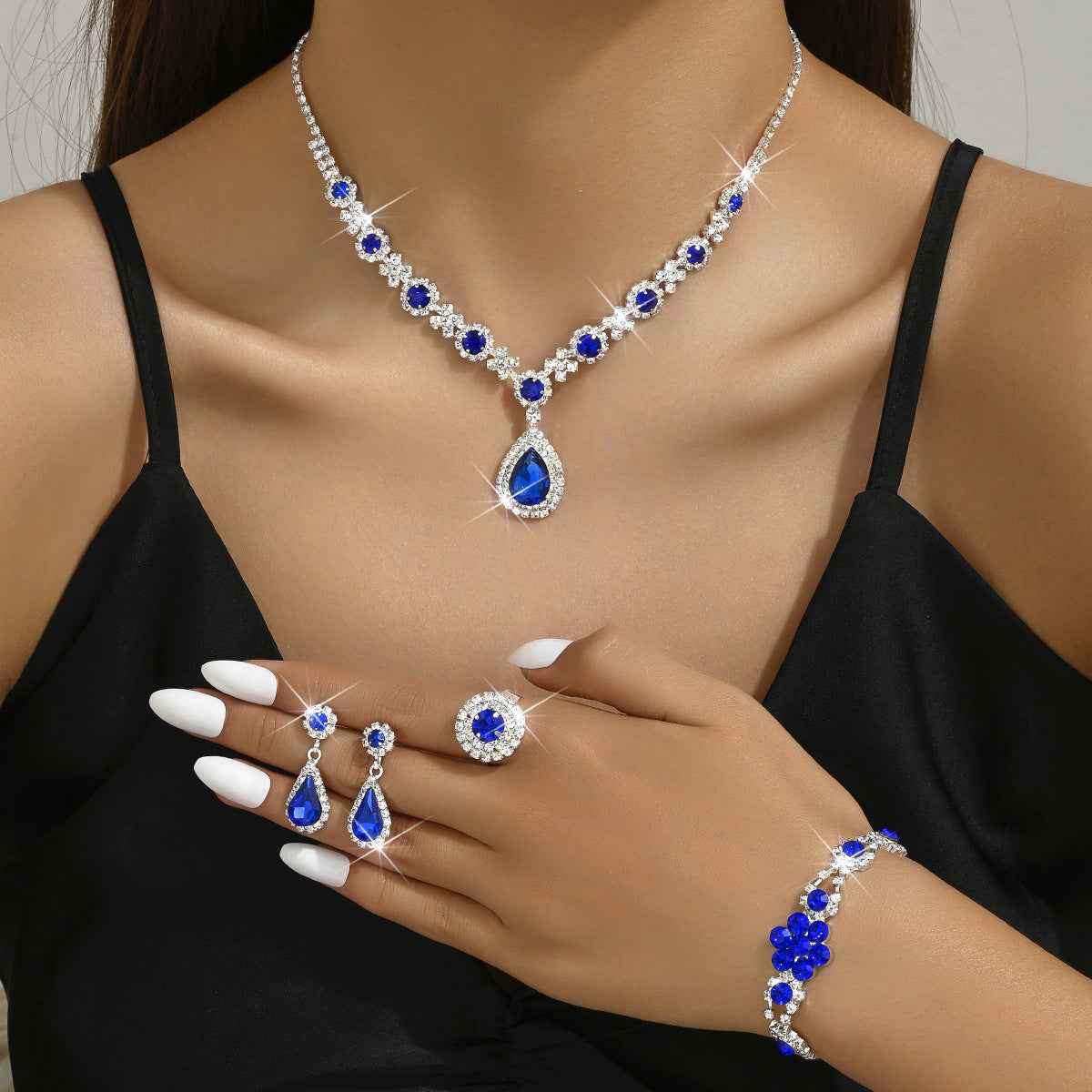 High-grade Crystal Gem Women's Water Drop Necklace Ear Stud Bracelet Ring