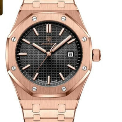 Rose gold watch with black dial on a white background