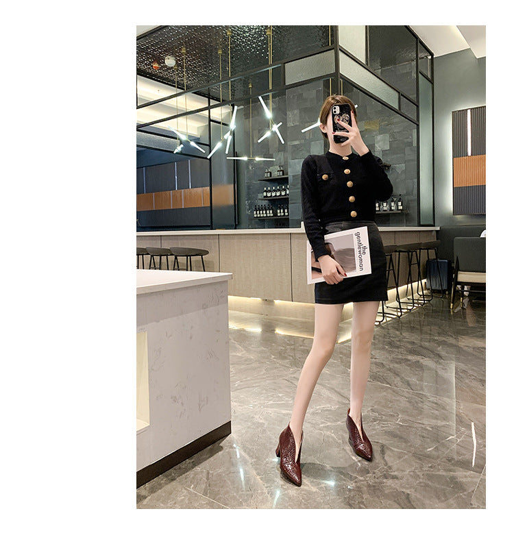 V-Cut Chunky Heel Martin Boots – Women’s Fashion with Pointed Embossed Design | Luminashop