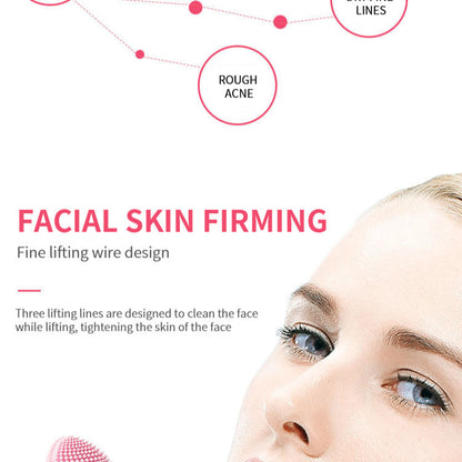 Facial skin firming product with a close-up of a woman's face and text on a pink background.