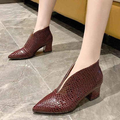 V Cut Women's Fashion Pointed Embossed Chunky Heel Martin Boots