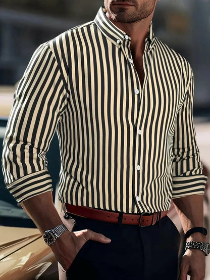 Ins Stripe Printed Long Sleeve Shirt Men Fashion Casual Lapel Button Top Clothing - Lumina shop