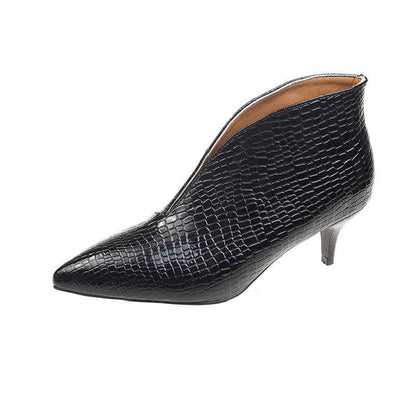 V Cut Women's Fashion Pointed Embossed Chunky Heel Martin Boots