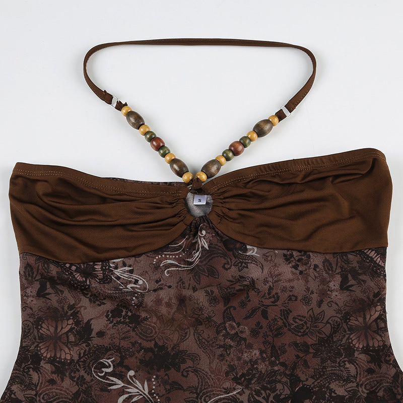 SEO-Friendly Product Description – Retro Style Beaded Halter Spaghetti Strap Mesh Stitching Irregular Hem Vest | Luminashop