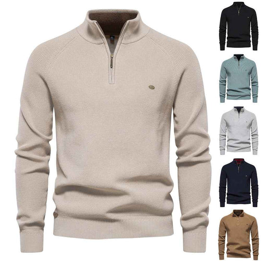 Men's Zipper Stand Collar Knitted Sweater Fashion Slim Solid Color Long Sleeve Half Turtleneck Top Men's Clothing