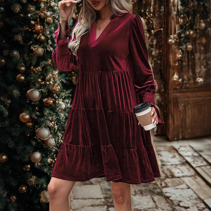 Velvet Christmas Dress for Women – Long Sleeve V-Neck Puffy Sleeve Mini Dress | Luminashop.