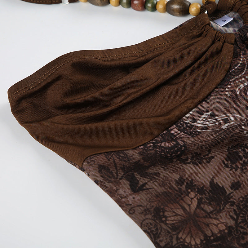 SEO-Friendly Product Description – Retro Style Beaded Halter Spaghetti Strap Mesh Stitching Irregular Hem Vest | Luminashop