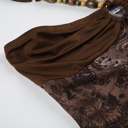 SEO-Friendly Product Description – Retro Style Beaded Halter Spaghetti Strap Mesh Stitching Irregular Hem Vest | Luminashop