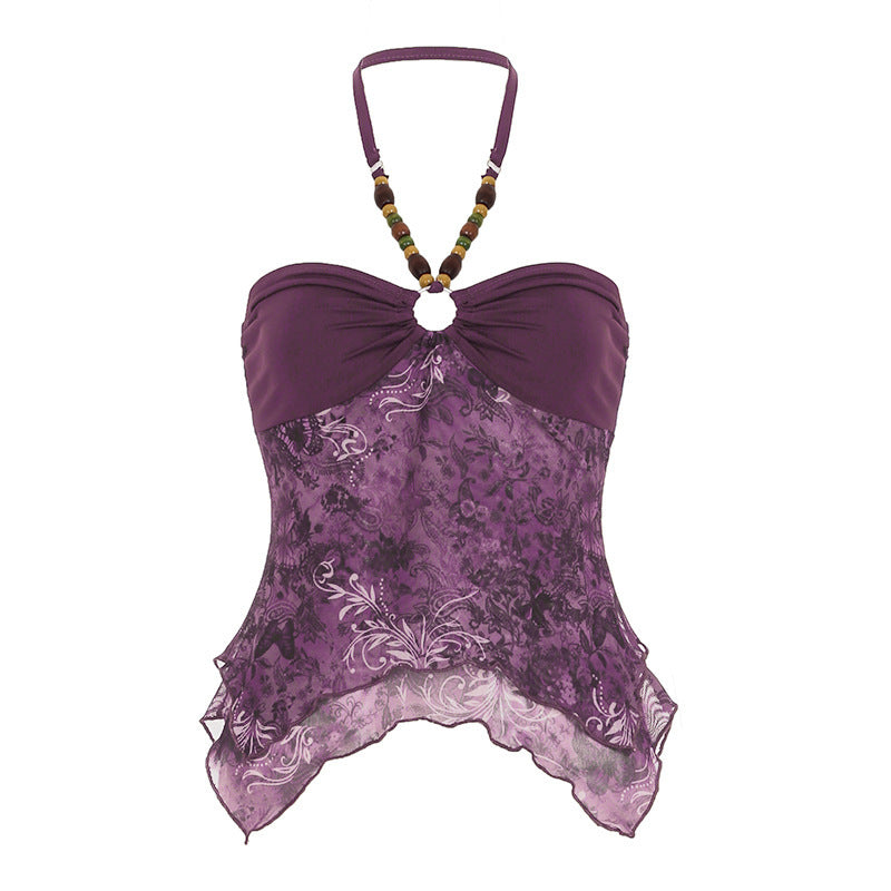 Retro Style Beaded Halter Spaghetti Straps Irregular Hem Mesh Stitching Vest - Lumina shop