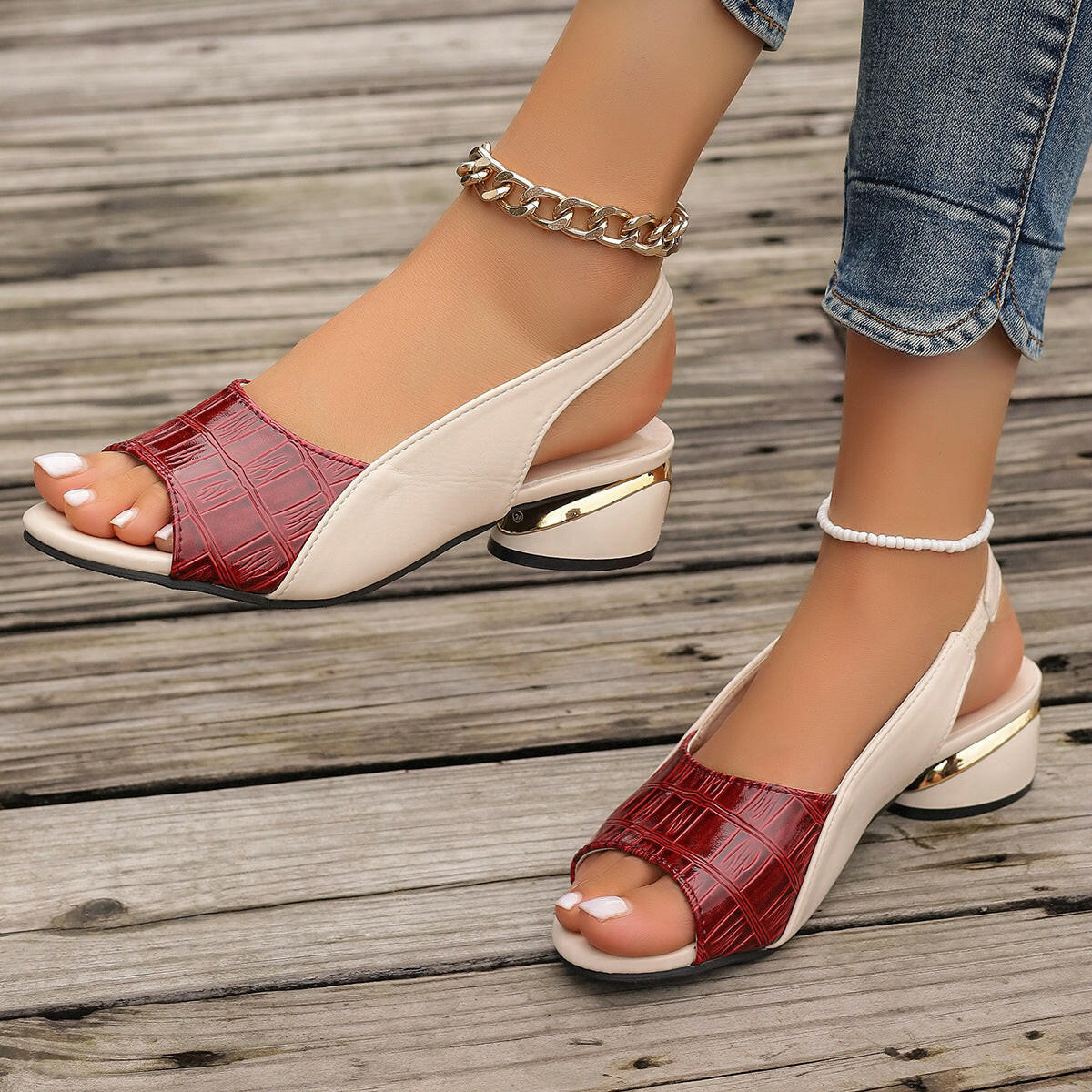 Ins Plaid Stone Pattern Sandals Summer Peep Toe Block Heels Ankle-strap Office Shoes For Women - Lumina shop