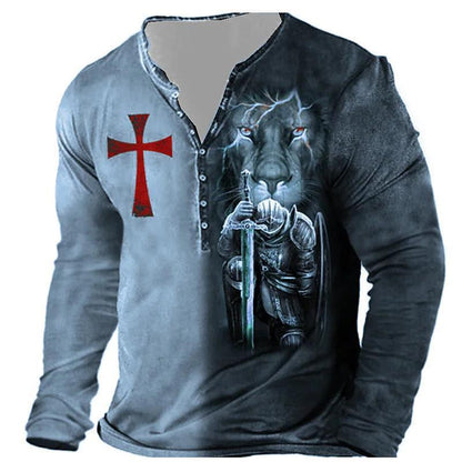 Open Placket Button Digital Printing Men's Long-sleeved T-shirt - Lumina shop