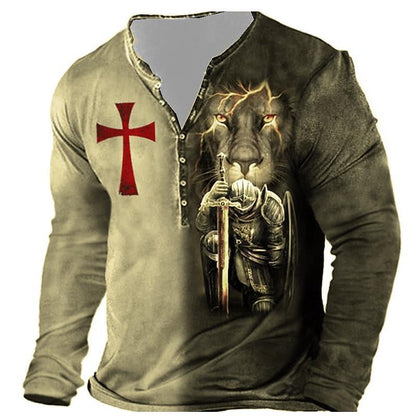Open Placket Button Digital Printing Men's Long-sleeved T-shirt - Lumina shop