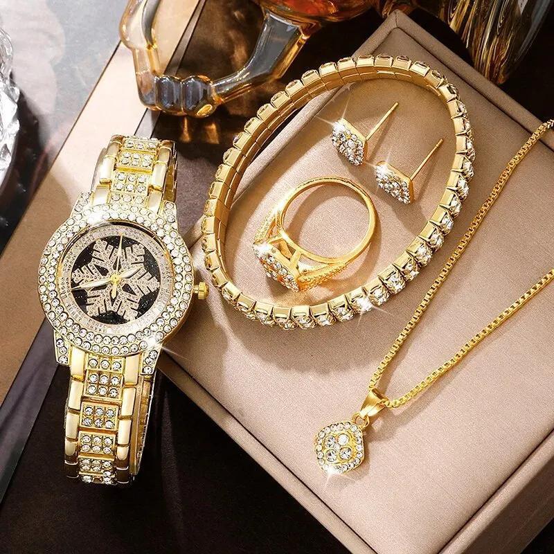 Snowflake Pattern Watch Luxury Full Rhinestone Jewelry Five-piece Set - Lumina shop
